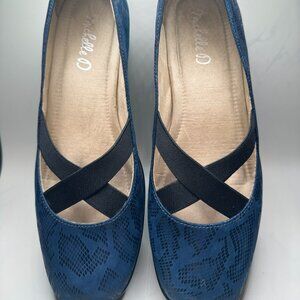 Michelle D Brenda Navy Blue Reptile Square Toe Wedge Pump Women Size 9